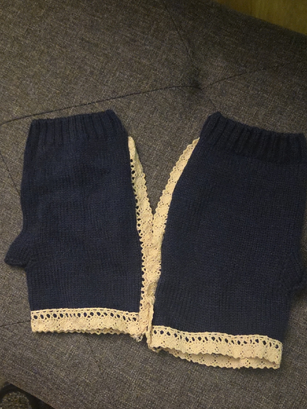 Navy Knit Lace Trim Fingerless Gloves